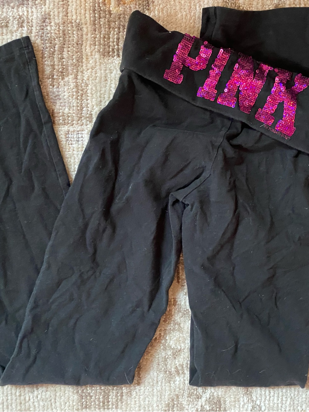PINK Victoria's Secret Black Boot Cut Flare Pants with Pink Sequin Logo y2k rare